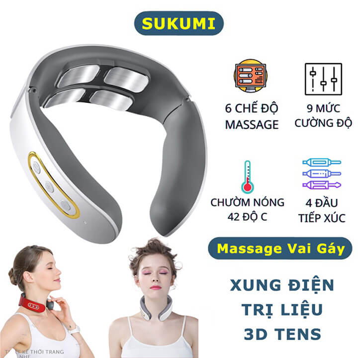 Máy massage cổ vai gáy 3D cao cấp ứng dụng xung điện matxa 6 chế độ, 9 mức cường độ, máy mát xa đốt sống cổ 4 đầu tiếp xúc