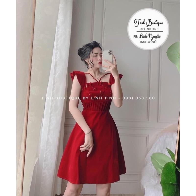 Đầm đỏ tay cánh tiên đính hoa xếp li eo Đầm váy nữ dự tiệc
