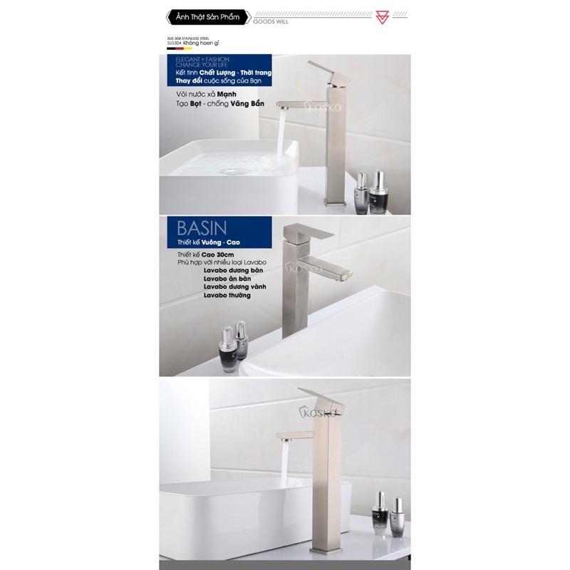 Vòi lavabo Nóng Lạnh inox SUS 304 vuông cao 30cm Hàng chuẩn loại 1 Tặng kèm dây cấp phù hợp với mọi loại chậu rửa mặt