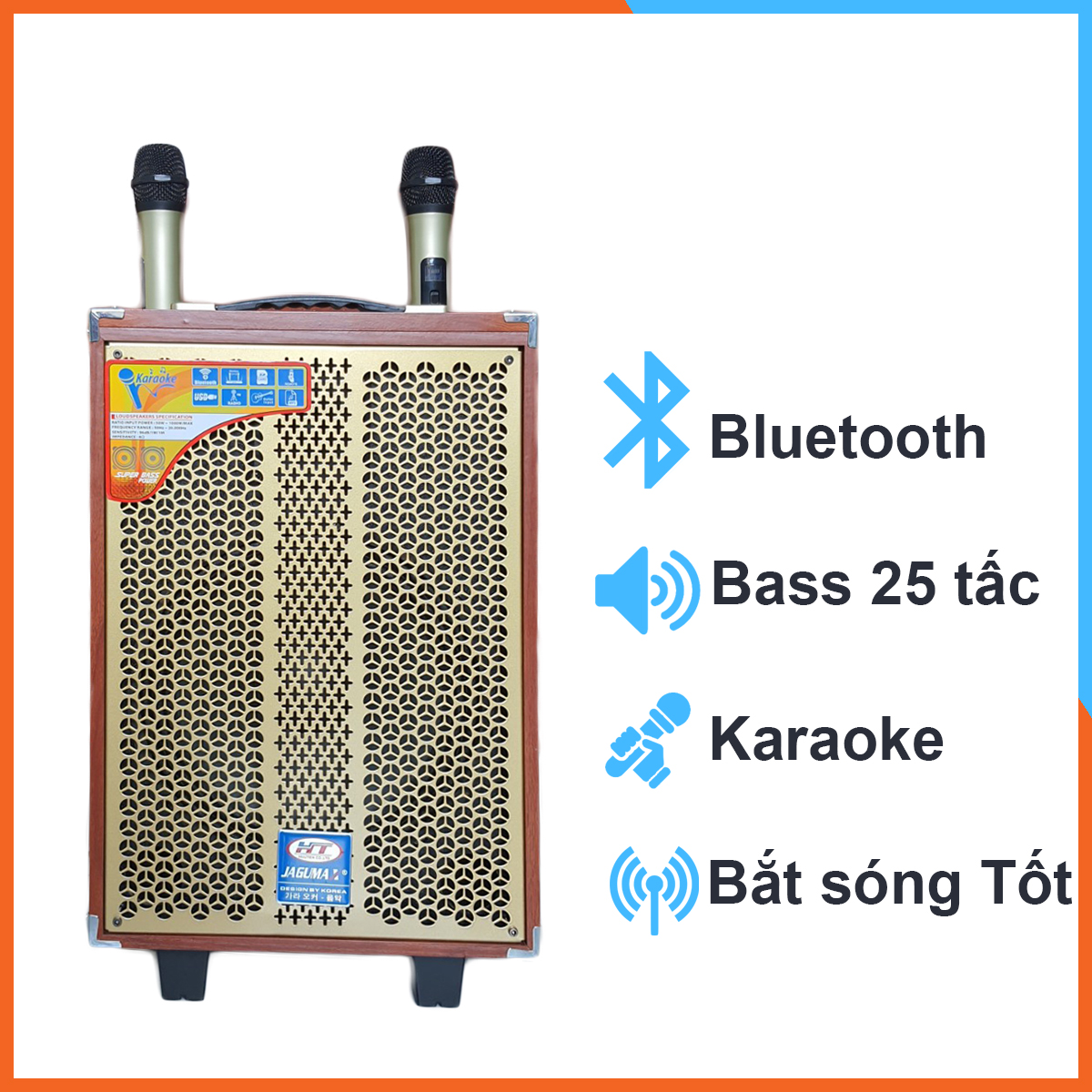 Loa Kéo Karaoke Jagumax KS252 2.5 Tấc Bluetooth Đọc Được Usb Thẻ Nhớ guitar Công Suất 200w Tay Kéo Vân Gỗ Tặng 2 Mic Hàng chính hãng