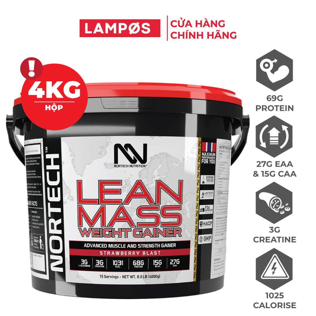 NorTech Lean Mass Gainer, Sữa Tăng Cân, Tăng Cơ Nạc Hiệu Quả, Bổ Sung 69G Protein, 27G EAA, 15G BCAA, 3G Creatine, 3G L-Glutamine, Thùng 4KG, 15 Lần Dùng