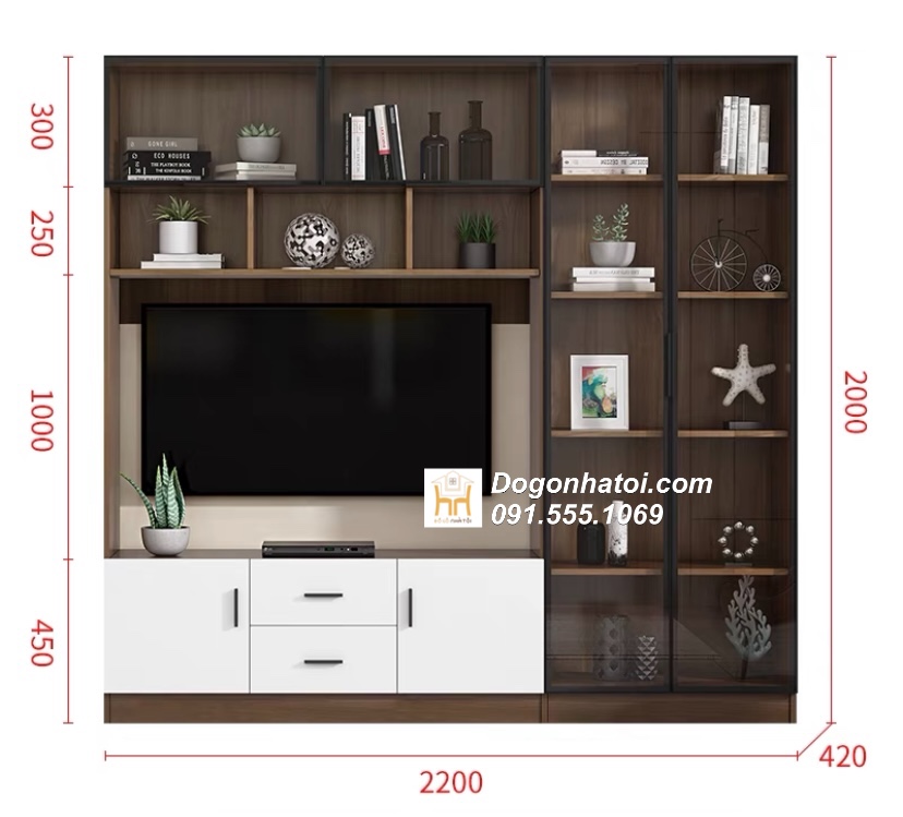 Tủ Kệ Tivi Kiêm Giá Sách Có Kính Đơn Giản Đẹp 2m X 1m8 - TR631