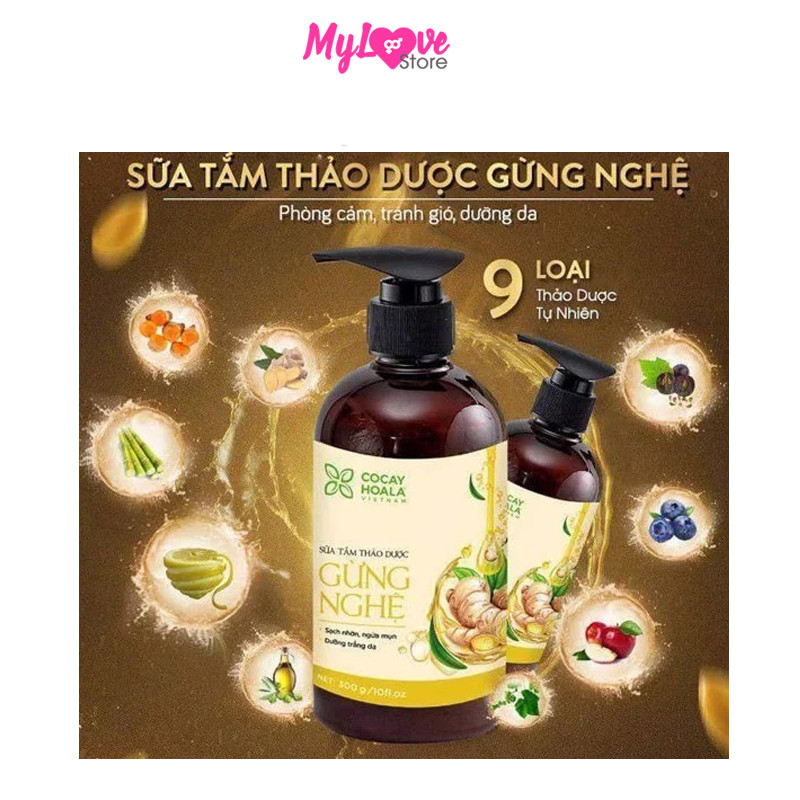 Sữa Tắm Thảo Dược Gừng Nghệ Cocayhoala Phòng Cảm Tránh Gió - Dưỡng Trắng - Mờ Thâm - Ngăn Ngừa Mụm, Chai 300 gram