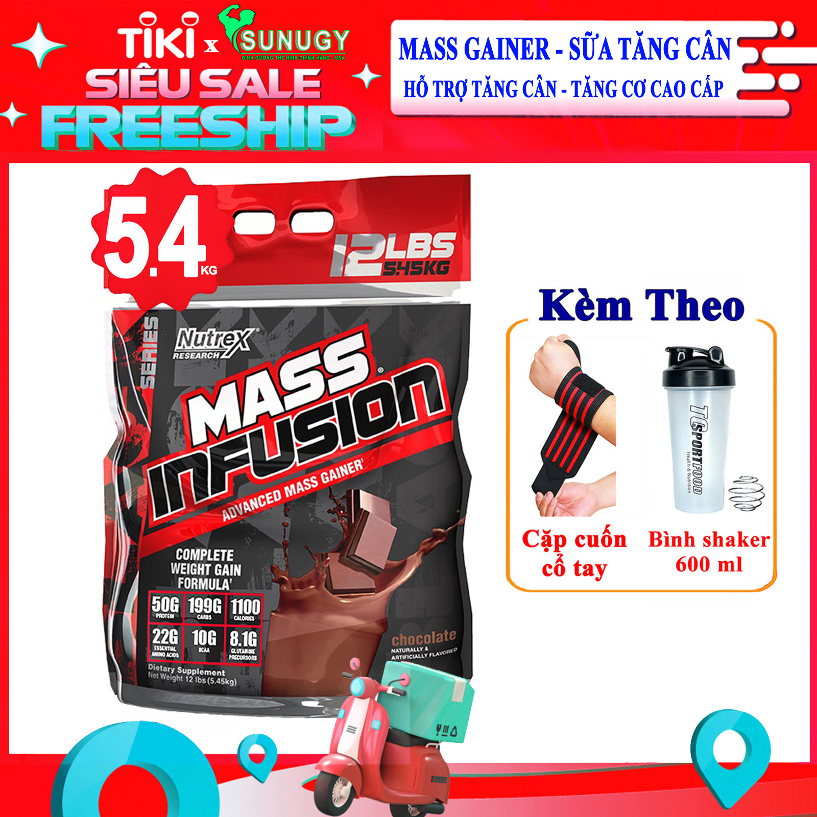 Combo Sữa tăng cơ & tăng cân Mass Infusion của Nutrex bịch Lớn 5.45kg hỗ trợ tăng cân, tăng cơ nhanh, có enzim tiêu hoá cho người dị ứng lactose & Bình lắc 600 ml (Màu Ngẫu Nhiên) & Cặp cuốn tay