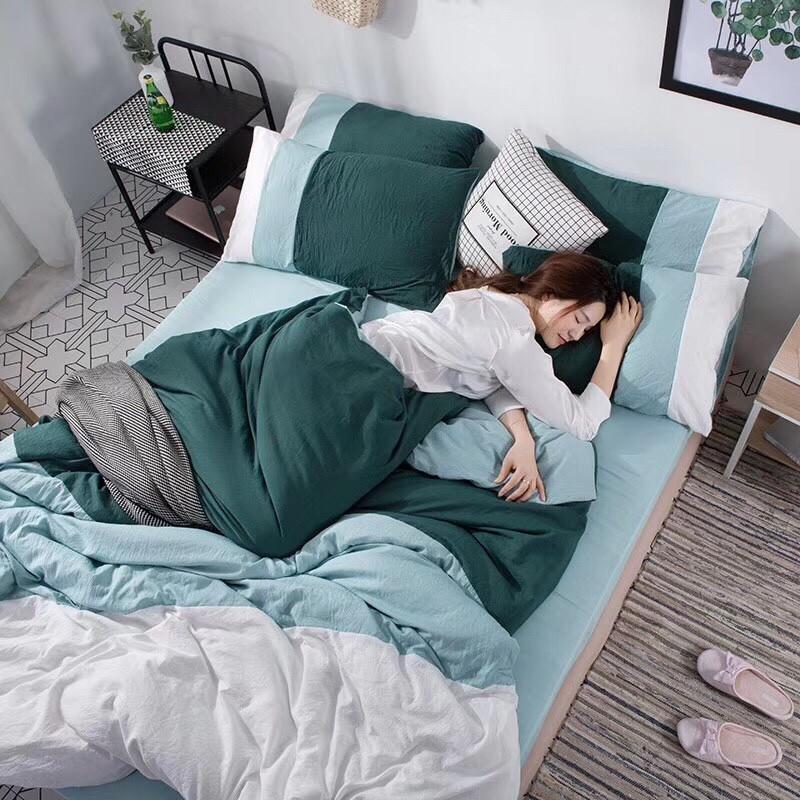 Set Bộ vỏ chăn ga gối cotton đũi phối 3 màu cao cấp - xanh đậm trắng đẹp