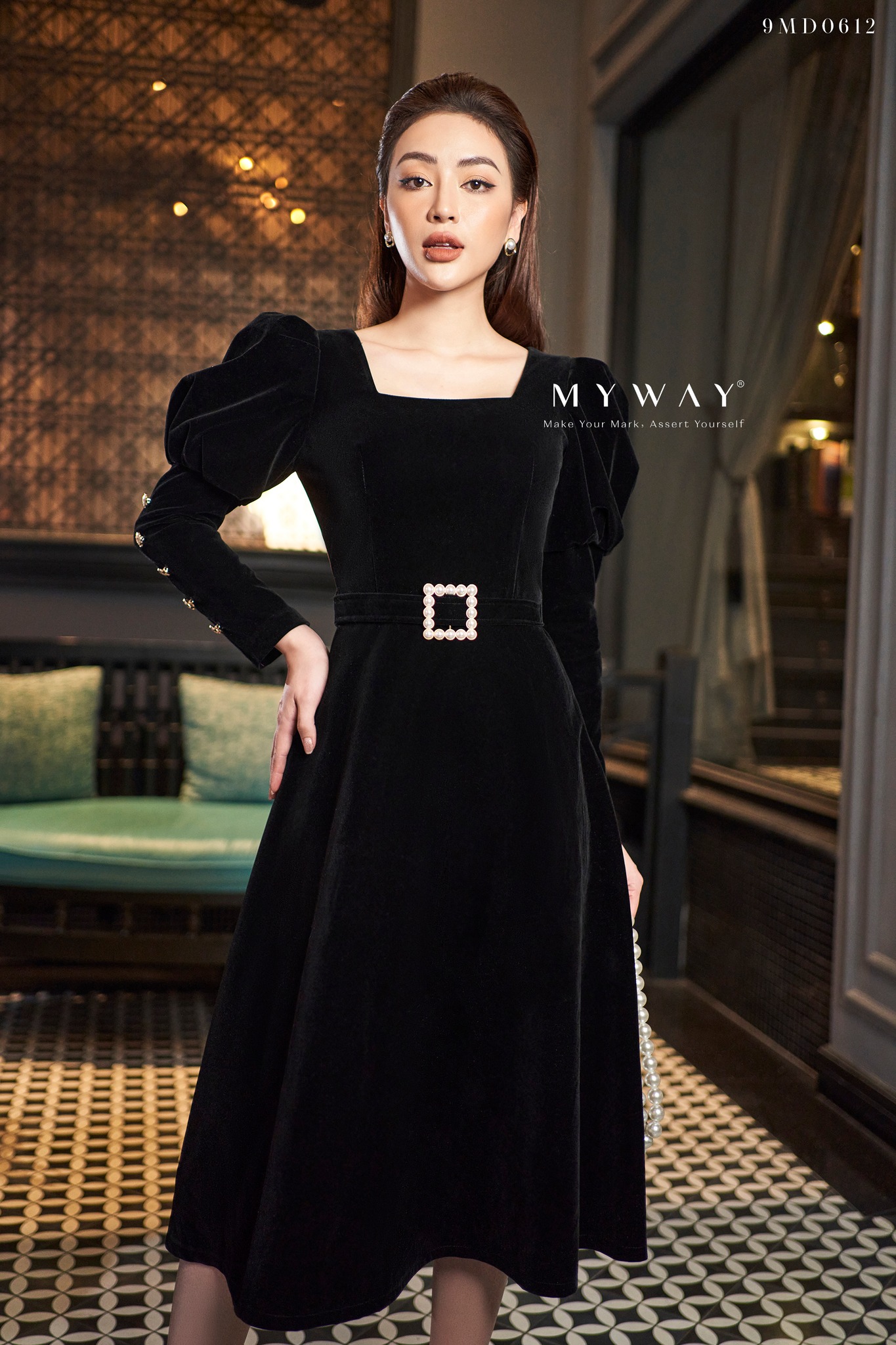 Đầm Nhung Nữ Tay Bồng MY WAY Dự Tiệc Kèm Đai Sang Trọng 9md0612