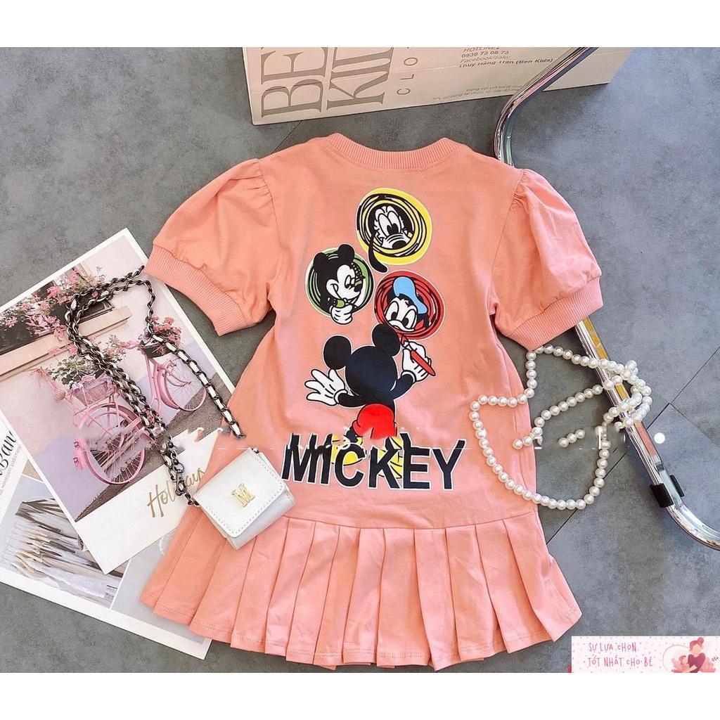 Đầm thun bé gái đuôi cá tay ngắn thun cotton mùa hè mềm mịn in Mickey cực xinh cho bé 10-38kg-đầm bé gái