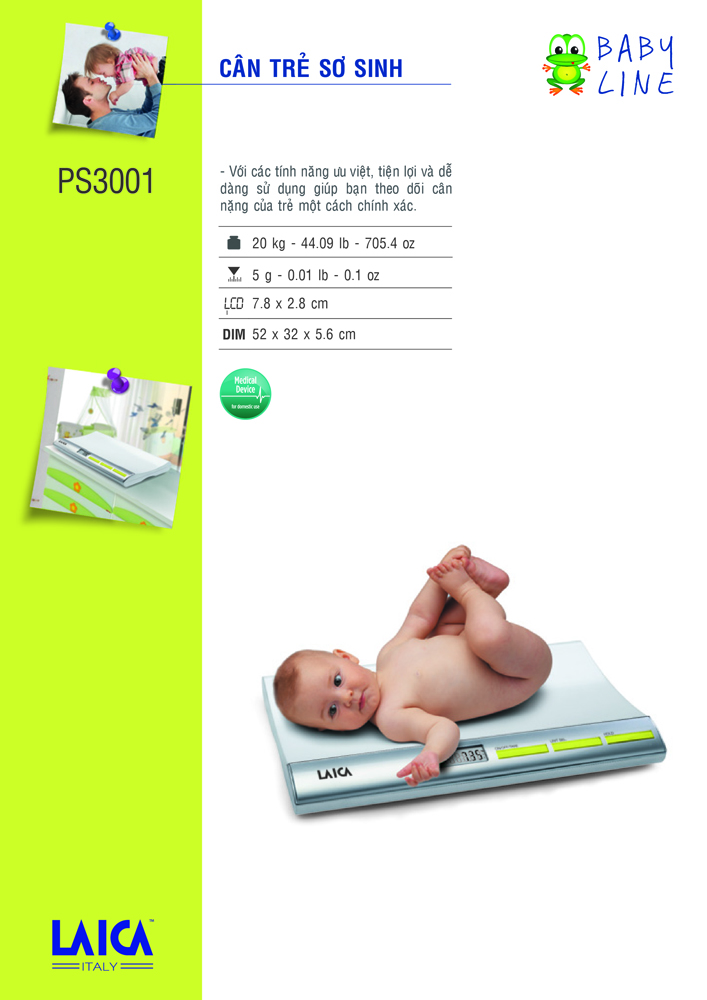 Cân Trẻ Sơ Sinh Điện Tử LAICA PS3001 ITALY - Trọng Lượng Tối Đa 20kg Tối Thiểu 200g - Chức Năng Trừ Bì