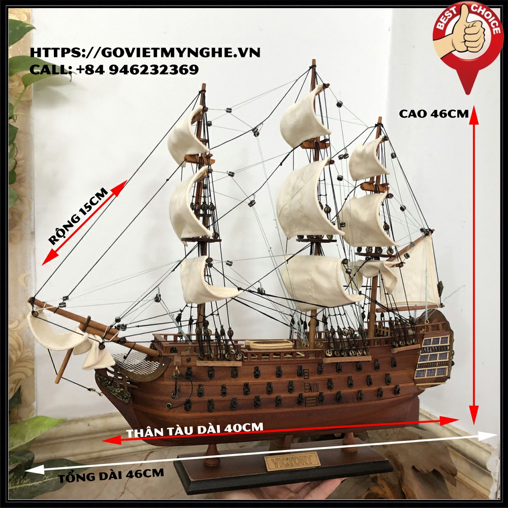 Mô hình thuyền gỗ thuyền trang trí tàu chiến cổ HMS Victory - Gỗ căm xe - Thân tàu dài 40cm - Buồm vải bố