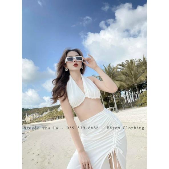 Set áo cổ yếm chân váy xẻ tà