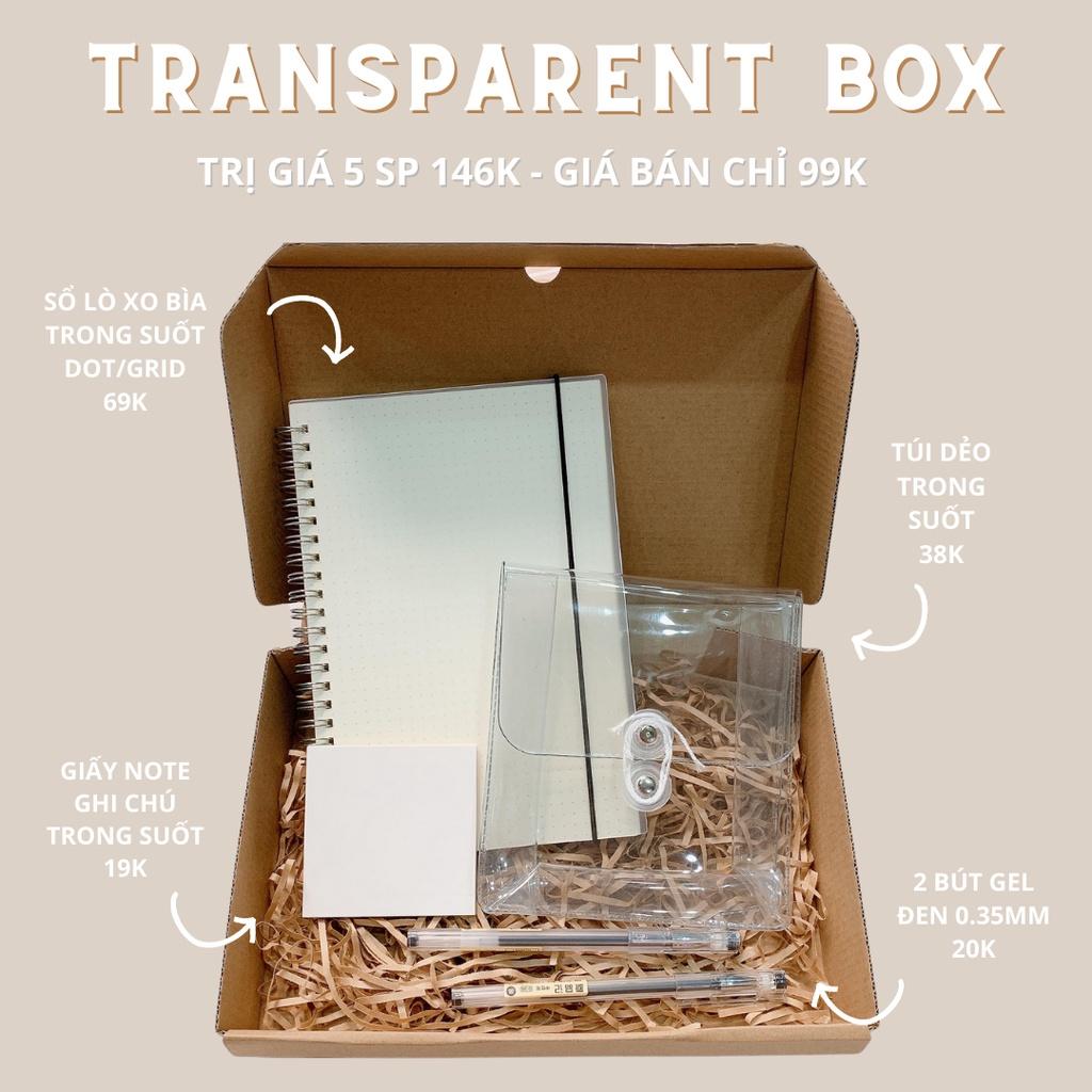 Transparent Box - Stationery Gift Box - Sổ Lò Xo Trong Suốt, Túi Dẻo Trong Suốt, Giấy Note Nhựa Trong Suốt, Bút Gel Đen