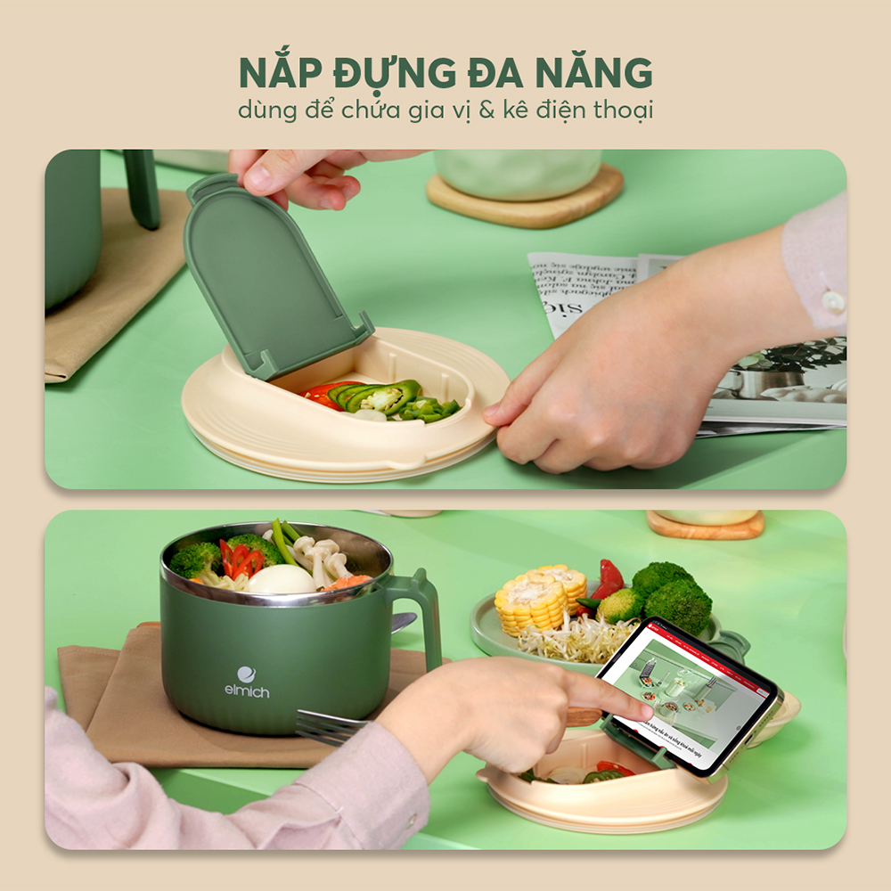 Bát úp mì inox 304 Elmich EL8314 dung tích 1.35L, Hàng chính hãng, có tay cầm, tích hợp lỗ thông hơi - JoyMall
