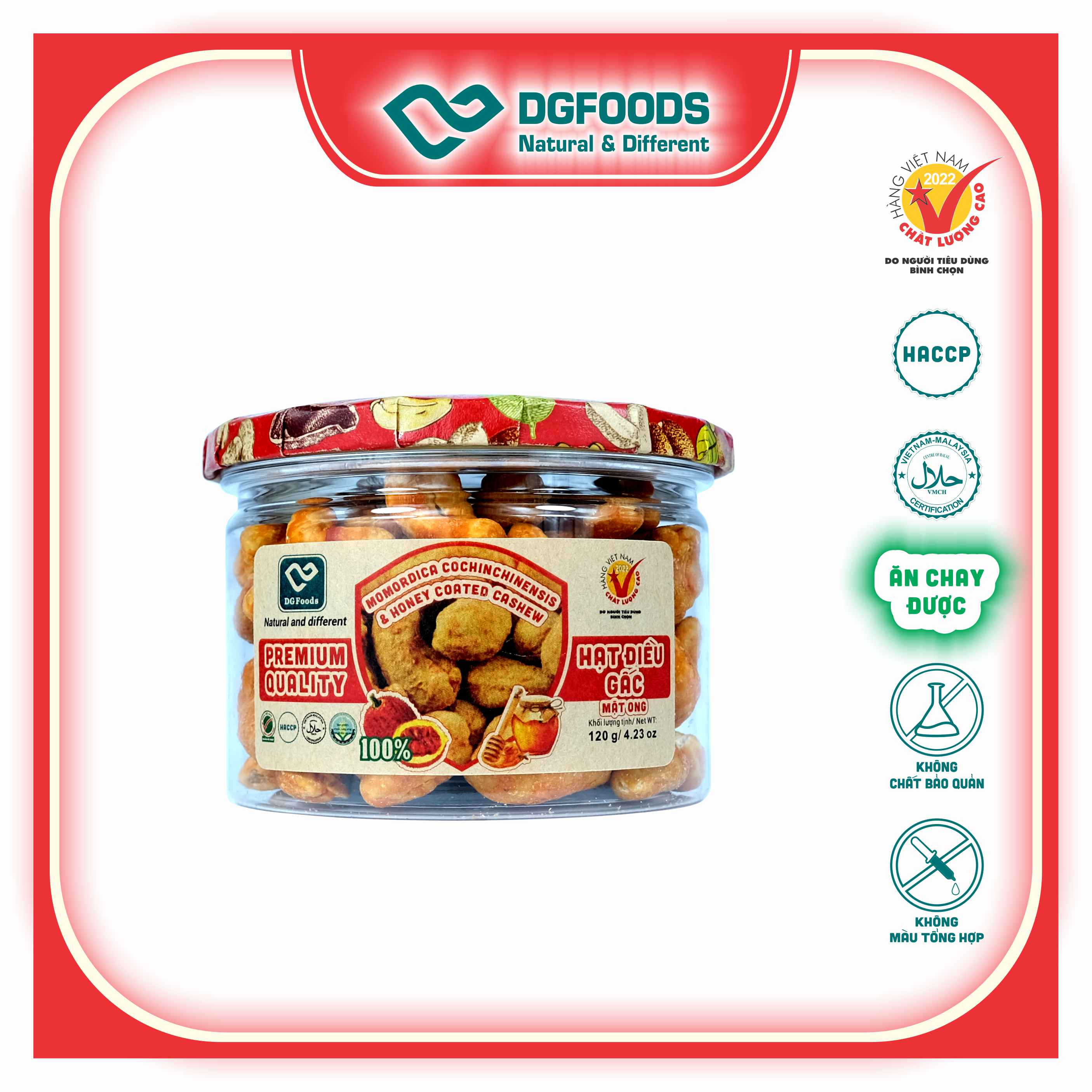 Hạt Điều Gấc Mật Ong DGfoods 120g/ Momordica cochinchinensis &amp; honey coated cashew/ HVNCLC, Haccp, Halal, Ăn chay, Ăn kiêng, Đặc sản Cần Thơ, Hạt điều bình phước, quà Tết, quà tặng, hạt dinh dưỡng