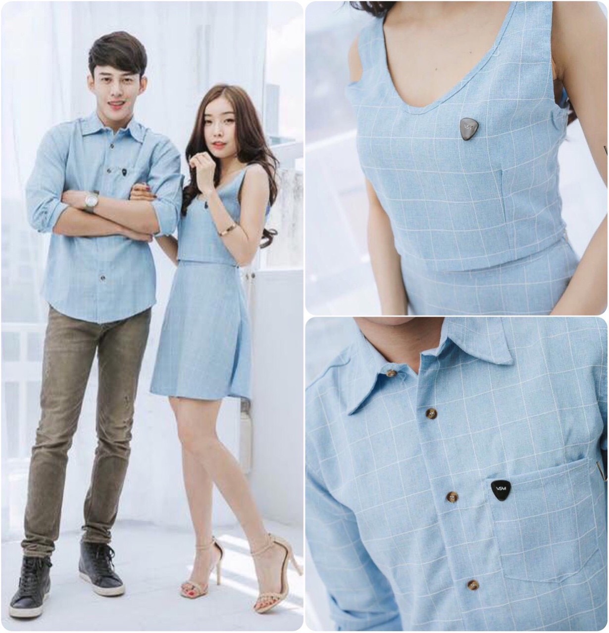 Set Áo váy đôi sơ caro xanh croptop CoupleTina mềm mịn cao cấp