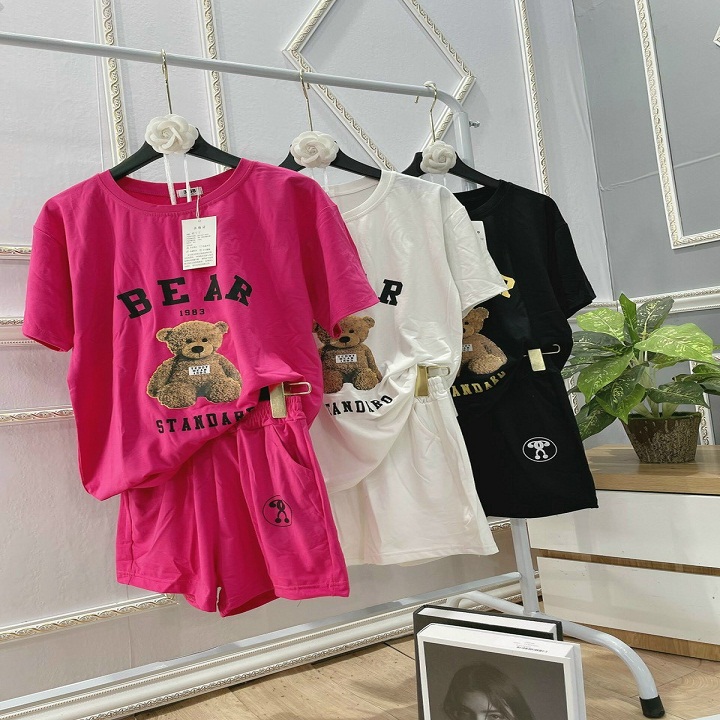 Set Đồ Bộ Mặc Nhà Nữ Hình Gấu Chữ BEAR - Áo Thun Unisex Phối Quần Rộng short Đùi cute