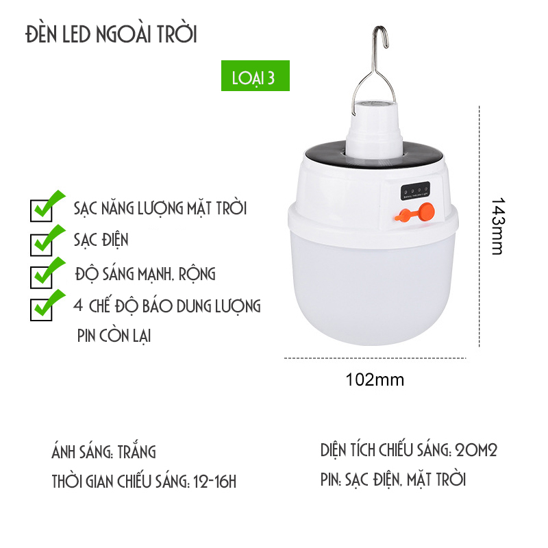 ĐÈN LED NĂNG LƯỢNG MẶT TRỜI, SẠC ĐIỆN NGOÀI TRỜI SÂN VƯỜN, CẮM TRẠI, TRỒNG CÂY, HỘI CHỢ