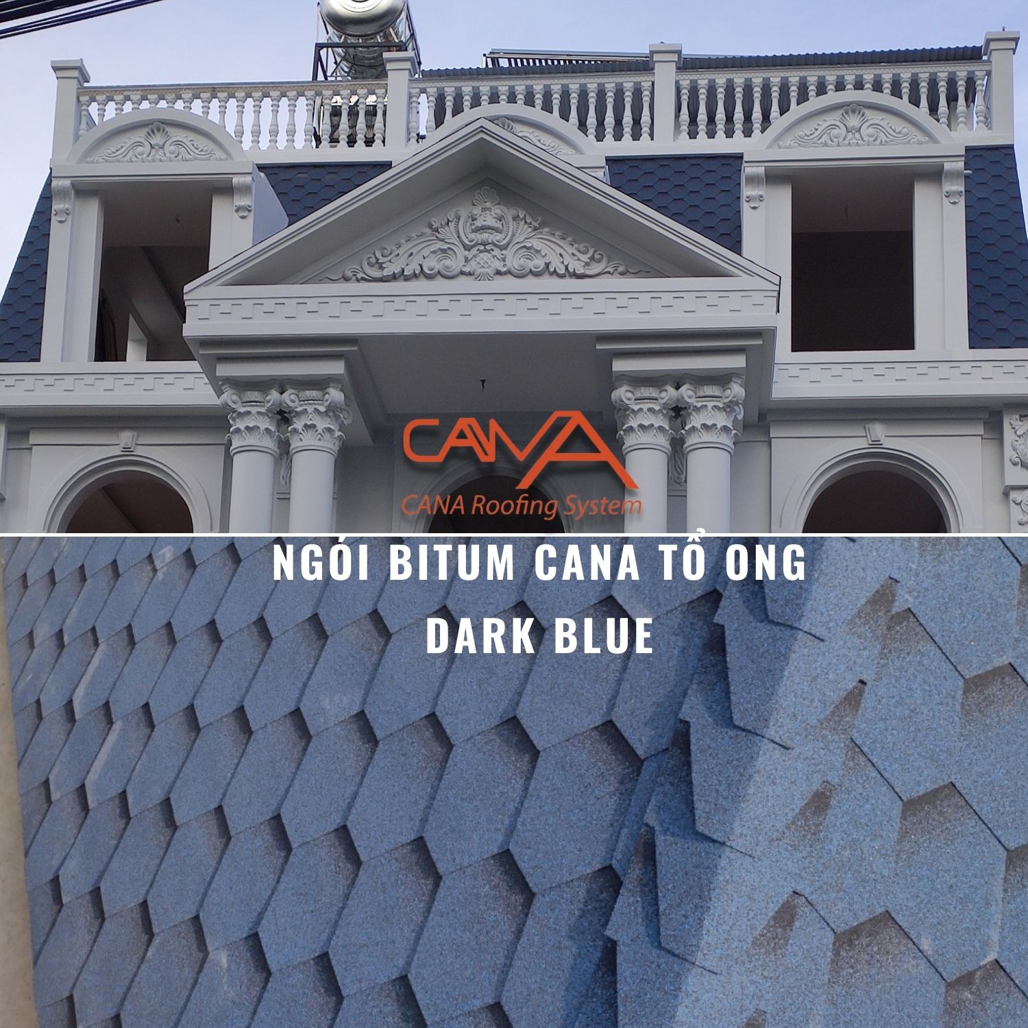 Ngói bitum cana tổ ong dark blue - ngói lợp phủ đá màu xanh dương Hàn Quốc chống thấm và trang trí mái biệt thự, nhà phố, nhà gỗ, bungalow, đóng gói 22 tấm ngói/gói/phủ 3m2 mái