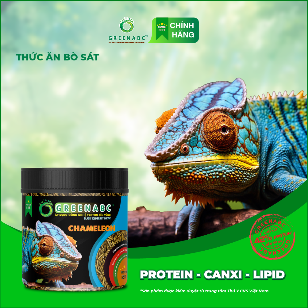 Thức ăn bò sát Tắc Kè Hoa GREENABC - Chameleon - Hàm lượng protein 44.9 giúp tăng trưởng nhanh, lên màu đẹp - Hộp 68g