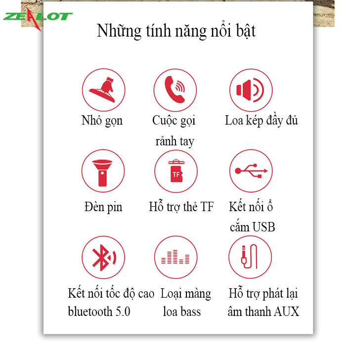 Loa bluetooth Zealot không dây di dộng ngoài trời hàng chính hãng âm siêu trầm nghe nhạc cực hay, tích hợp đèn pin siêu sáng