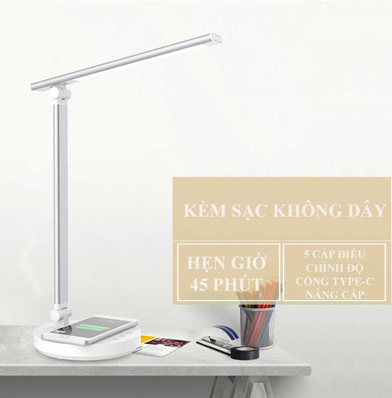 Đèn Bàn Học Đọc Sách Làm Việc LED Chống Cận Bảo Vệ Mắt – Cảm Ứng Tích Hợp Sạc Không Dây - Vùng Sáng 3000-6500K – 5 Cấp Độ Điều Chỉnh – Phiên Bản Nâng Cấp Cổng Type-C