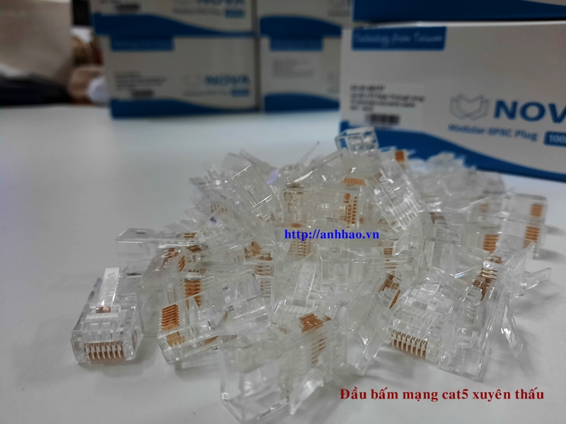 Đầu bấm mạng xuyên thấu Cat5/ cat6 Nova, chân cắm mạ vàng 50u, bấm không bị méo, lệch chân, Made in Taiwan