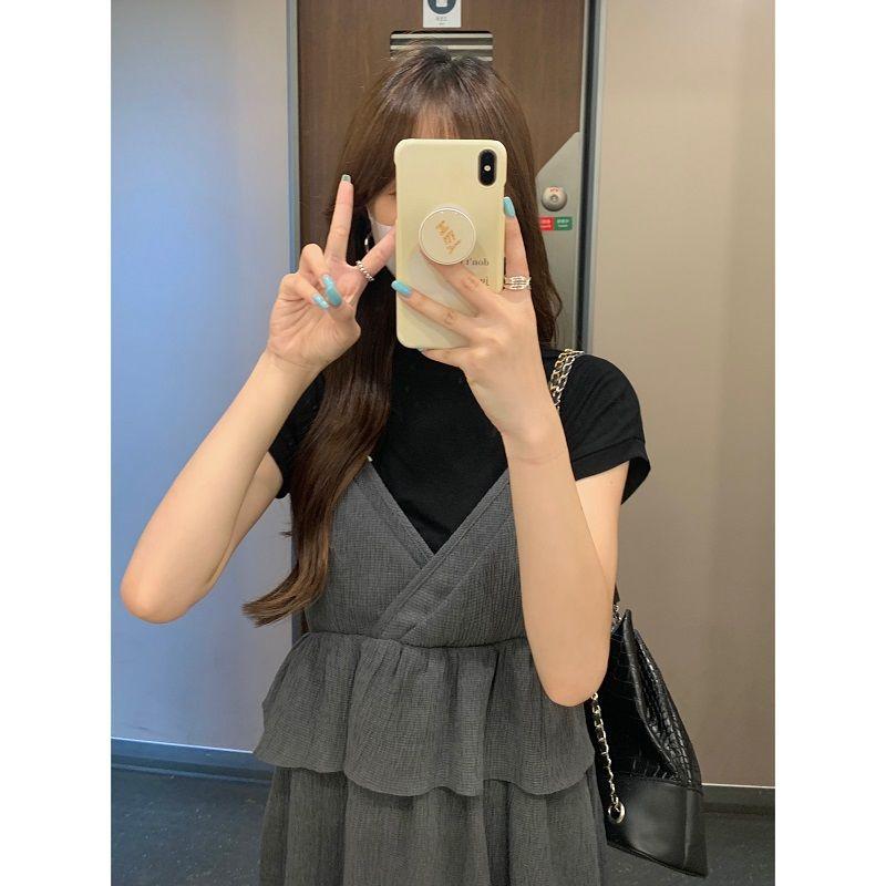 TOBE1SHOP Một nửa chiều cao cổ áo mỏng phù hợp với phụ nữ mùa hè cao eo lá sen ren váy hai mảnh đặt váy