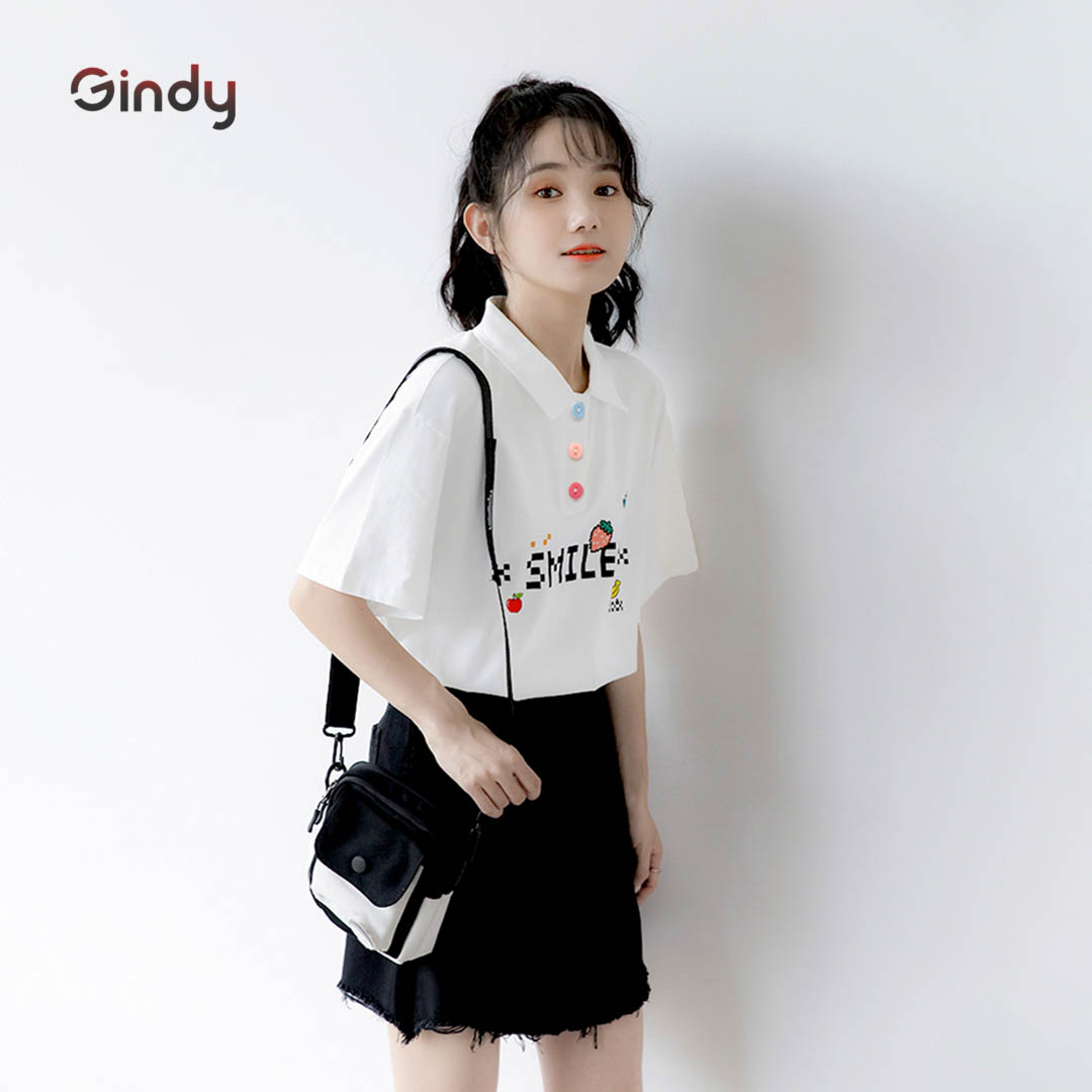 Áo thun phông nữ polo GINDY Smile cổ bẻ cotton tay lỡ phong cách unisex vải cotton thoáng mát A8108