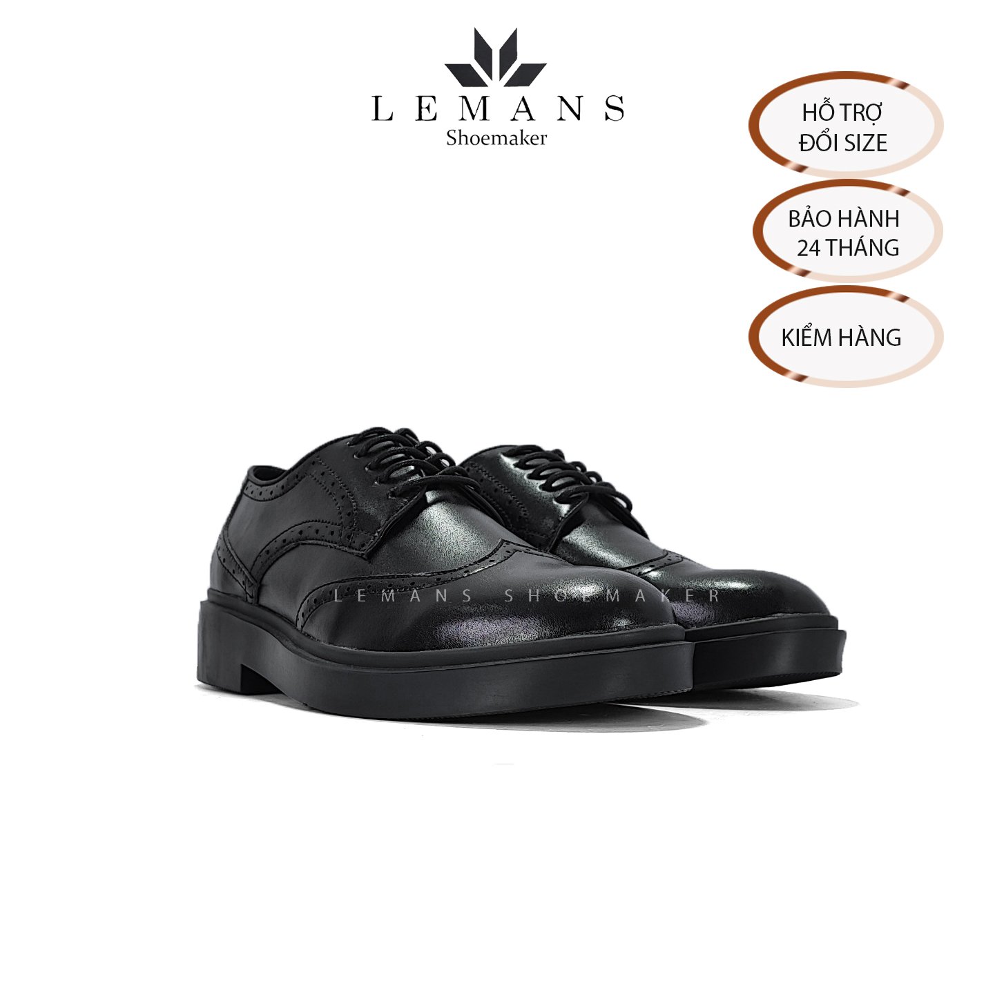 Giày da bò Derby Wingtip LEMANS Black, đế tăng cao lemans 4cm, hoạt tiết cánh bướm, Bảo Hành 12-24 Tháng