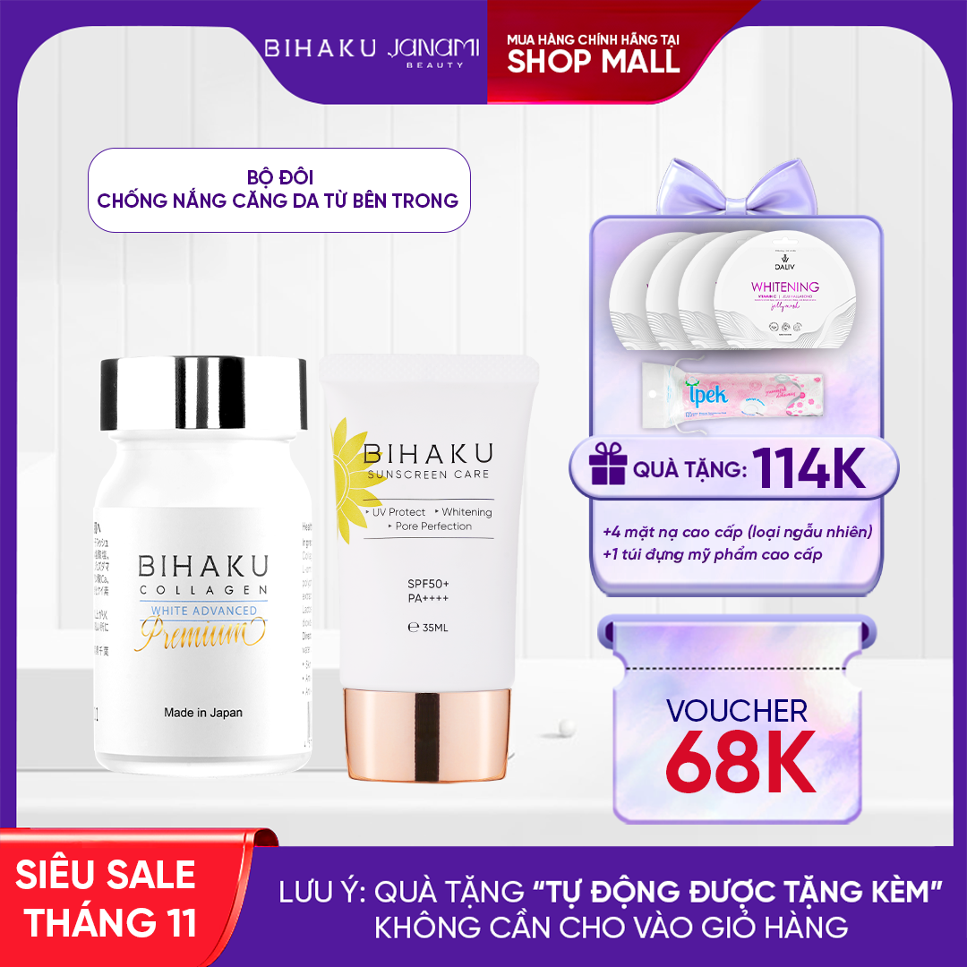Bộ đôi chống nắng dưỡng trắng da PREMIUM COLLAGEN hộp 30v và BIHAKU SUNSCREEN CARE SPF50+ PA++++ tuýp 35ml giúp hạn chế vấn đề cháy nắng và dưỡng trắng chống lão hóa