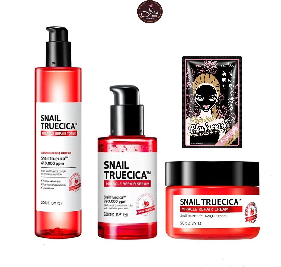 Bộ 3 Sản Phẩm Dưỡng Da, Cải Thiện Sẹo Lõm Some By Mi Snail Truecica Miracle Repair Gồm Toner Snail 135ml + Serum Snail 50ml + Kem dưỡng Snail 60g