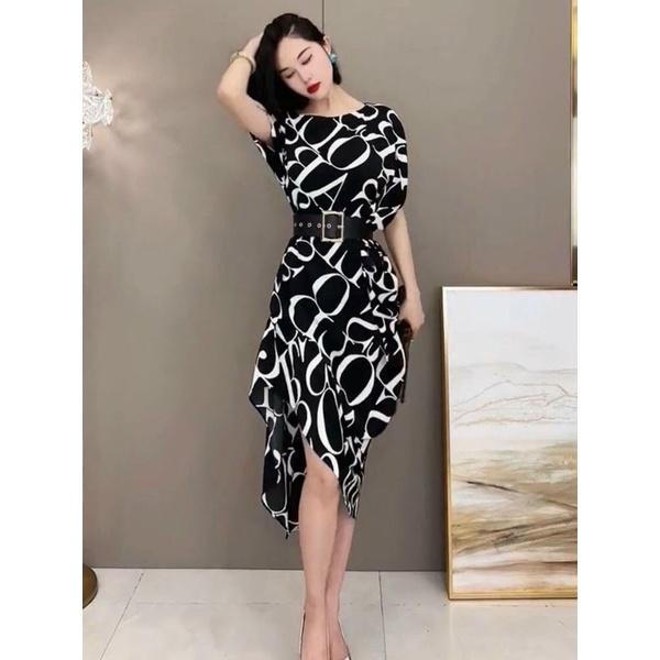ĐẦM LỤA HỌA TIẾT KÈM BELT CAO CẤP