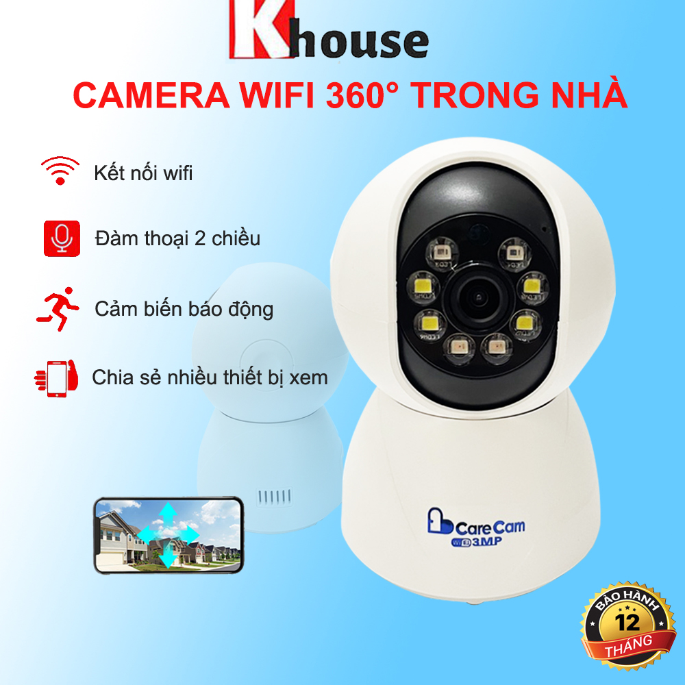 Camera wifi Carecam 3.0 Mpx FULL HD siêu nét Camera trong nhà xoay 360 độ báo động đàm thoại - Hàng Chính Hãng