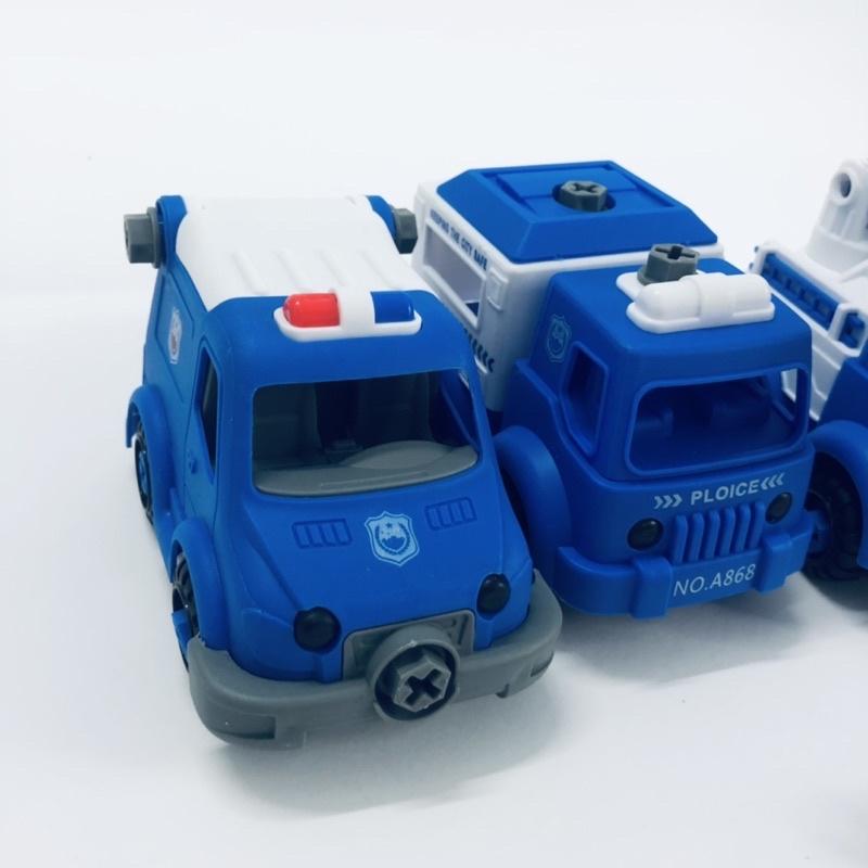 Xe ô tô cảnh sát, cứu thương, cứu hộ, combo 4 xe kèm cờ lê tua vít lắp ráp