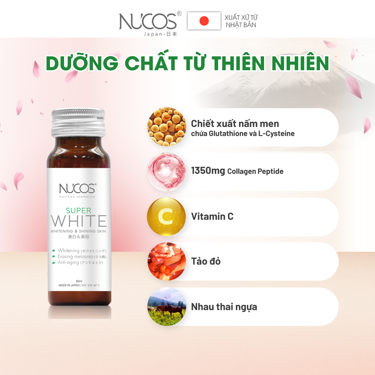 Combo 3 Hộp Collagen trắng da mờ thâm nám Nucos Super White 3x50mlx10chai