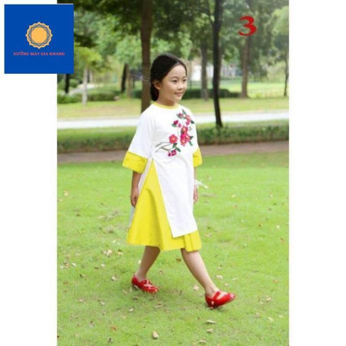 MS: 190142 - Áo dài thêu hoa kết hợp váy bé gái duyên dáng - Xưởng may Gia Khang