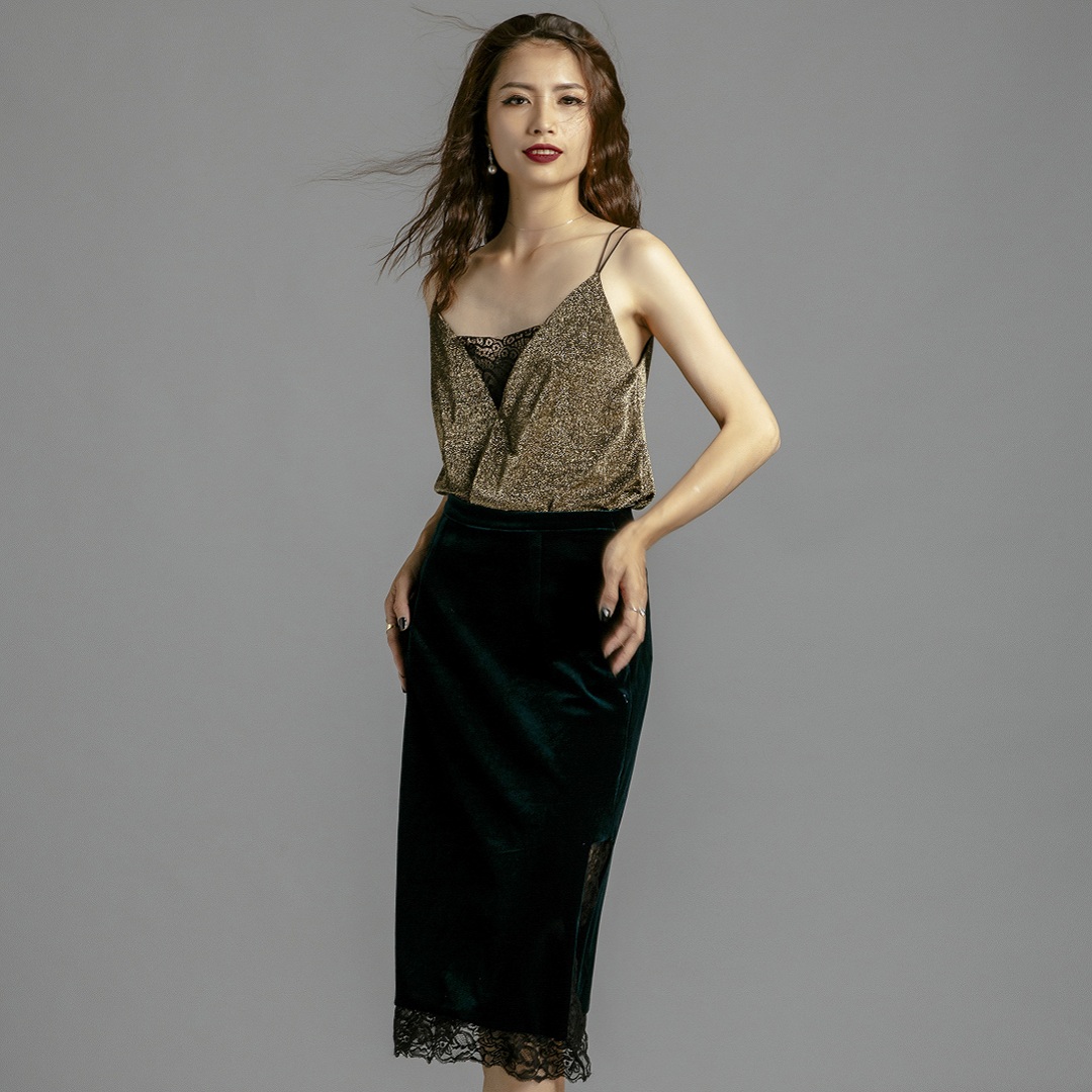 Váy Nhung Váy Đẹp Thời trang thiết kế Hity SKI032 Phối Ren (Xanh Hunter)