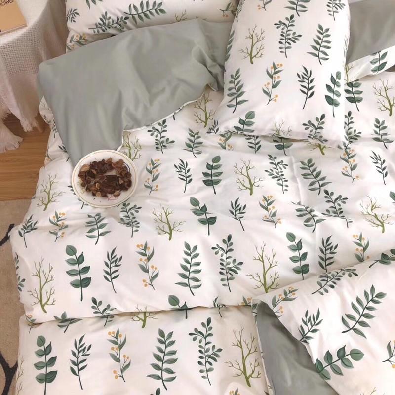 Bộ Chăn Ga Gối Cotton Living 100%cotton Hàng Nhập Khẩu Cao Cấp 4 Món Lá Xanh