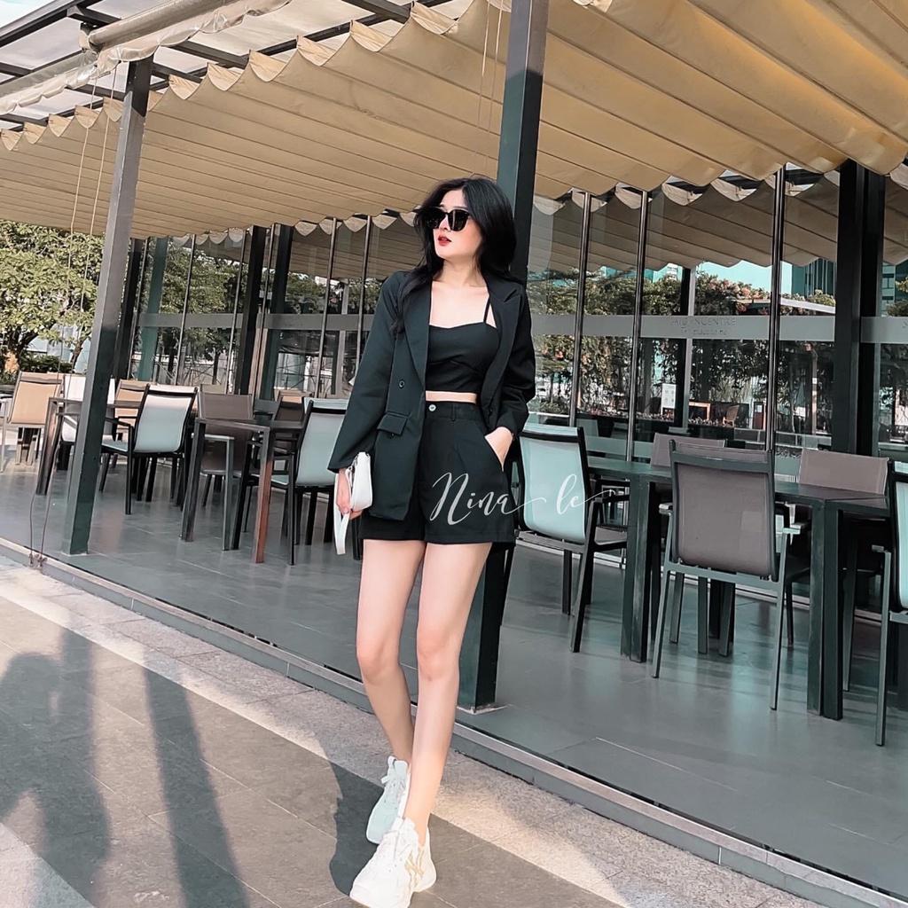 Set bộ 3 món áo croptop kèm quần đùi phối áo khoắc vest thời trang nữ sang chảnh
