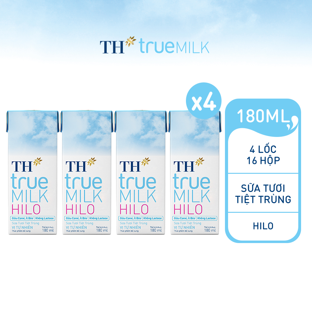 4 Lốc sữa tươi tiệt trùng TH True Milk HILO 180ml (180ml x 4 hộp)