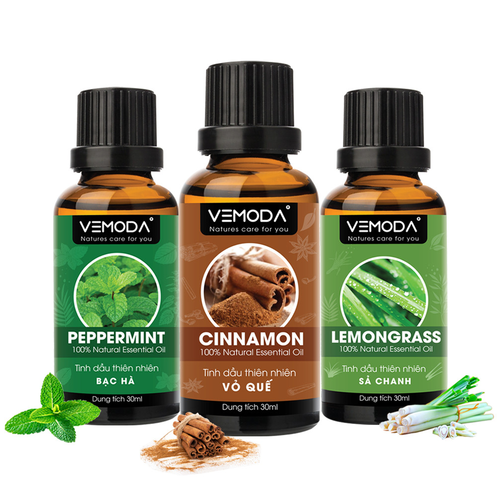 Tinh dầu xông phòng, thư giãn cao cấp gồm 3 chai tinh dầu nguyên chất: tinh dầu Vỏ quế + tinh dầu Bạc hà + tinh dầu Sả chanh Vemoda