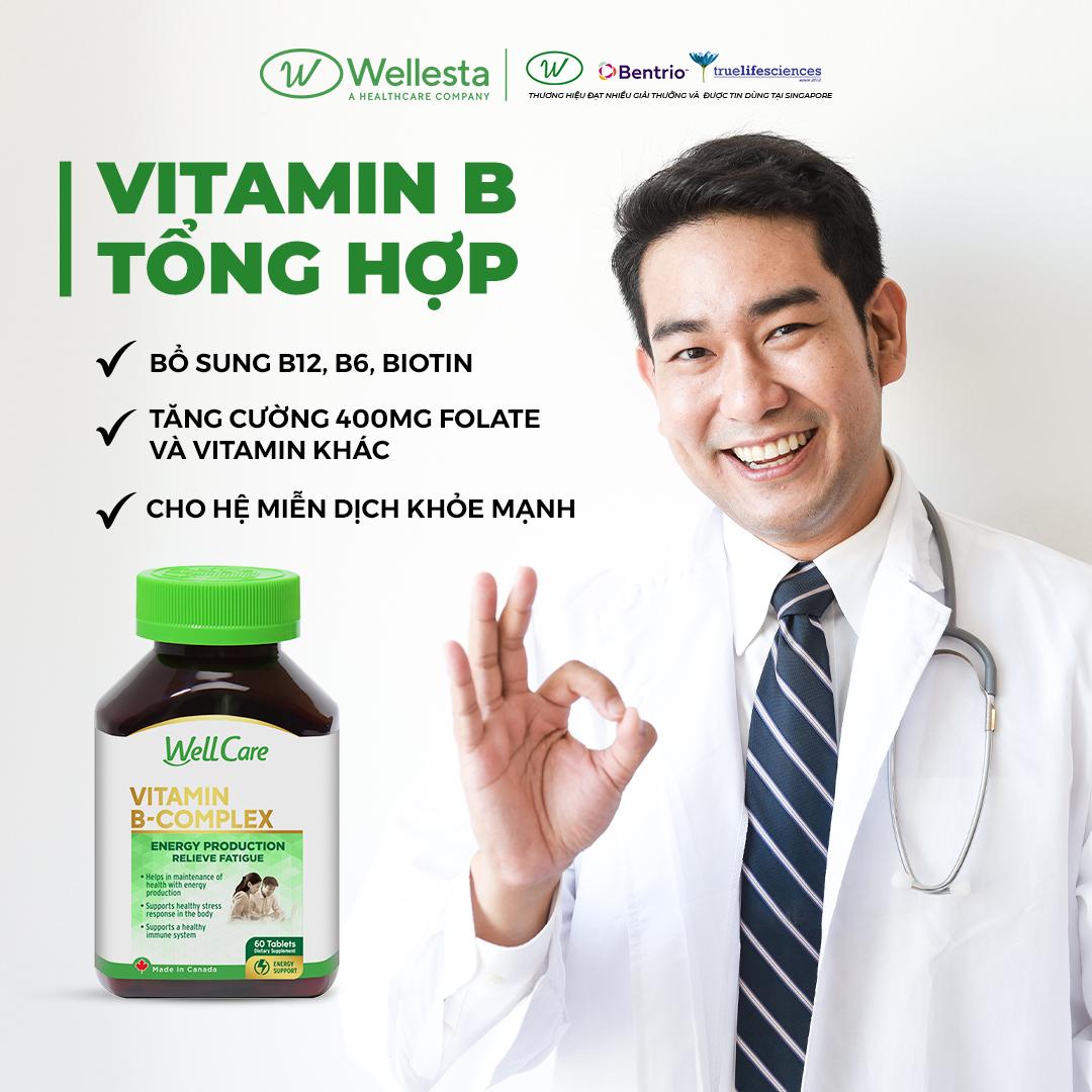 Viên uống bổ sung Wellcare Vitamin B-Complex chứa các loại vitamin B6, B12 và Biotin giúp cho cơ thể tràn đây năng lượng, giảm mệt mỏi căng thẳng