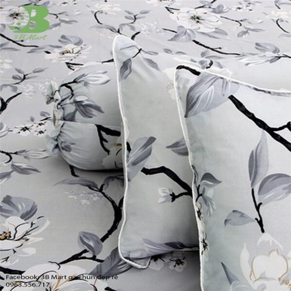 Bộ ga chun và 2 vỏ gối cotton poly - Mẫu hoa ghi siêu đẹp