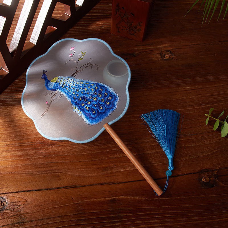 QUẠT CỔ TRANG CHIM CÔNG XANH - KHỔNG TƯỚC THÊU 2 MẶT