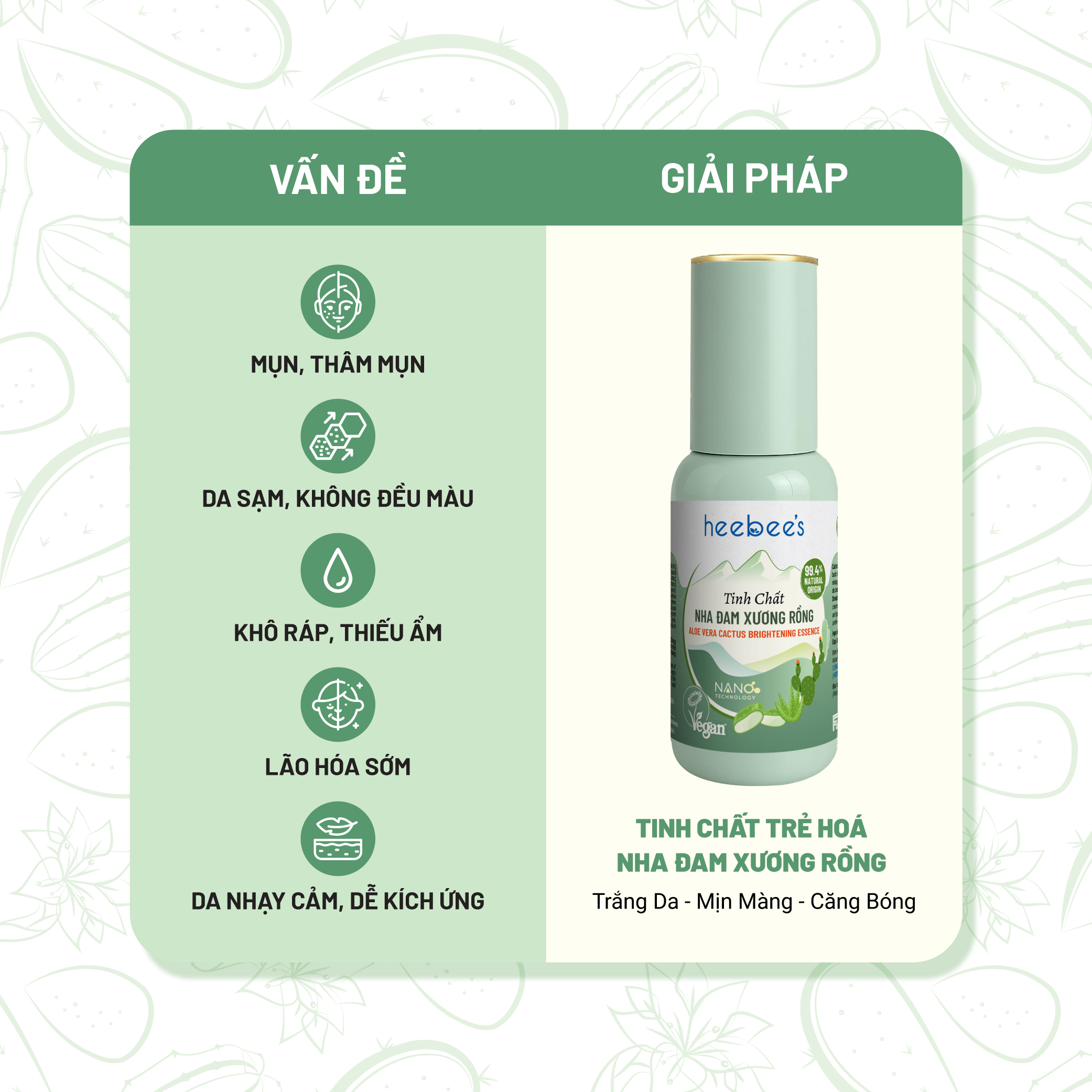 Tinh Chất Serum Thuần Chay Nha Đam Xương Rồng Heebee’s Aloe Vera Cactus Brightening Serum Dưỡng Trắng, Cấp Ẩm, Trị Mụn, Se Khít Lỗ Chân Lông, Ngừa Lão Hóa 38ml