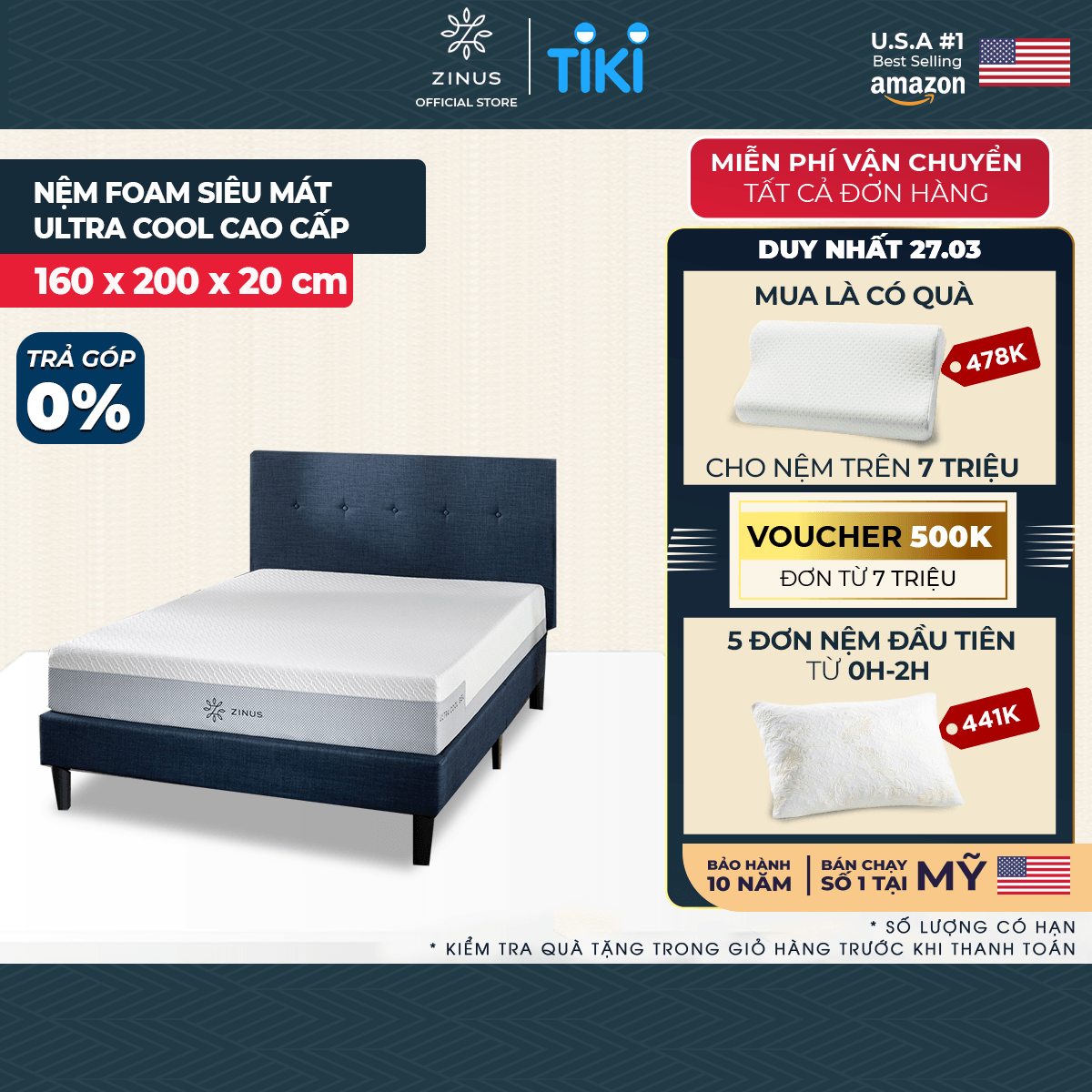 Nệm Foam Zinus Cuộn Hút Chân Không Siêu Mát Cao Cấp - 8in Ultra Cool Gel 2.5 Foam Mattress