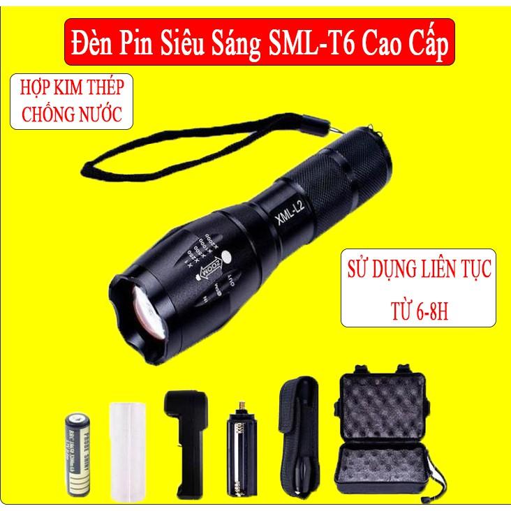 Đèn Pin Siêu Sáng SML - T6 Cao Cấp, Hợp Kim Thép Chống Nước, Pin Có Thể Sạc, Hàng Loại 1 Full Hộp Kèm Sạc