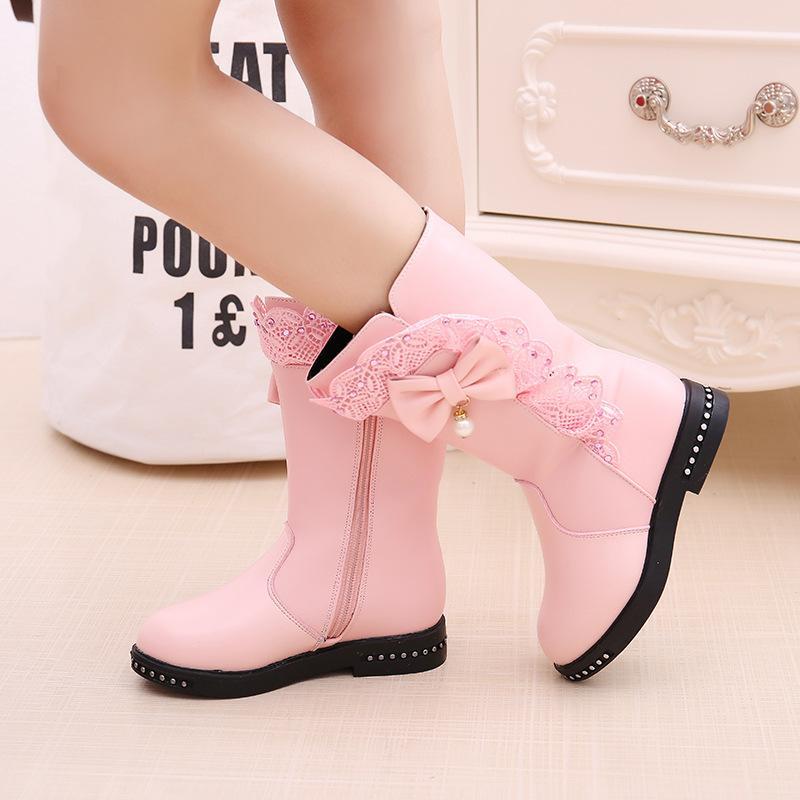 Giày Bốt Cổ Cao Phối Nơ Ren Phong Cách Hàn Quốc Dành Cho Bé Gái Size 27-37 Màu Hồng Đen Đỏ