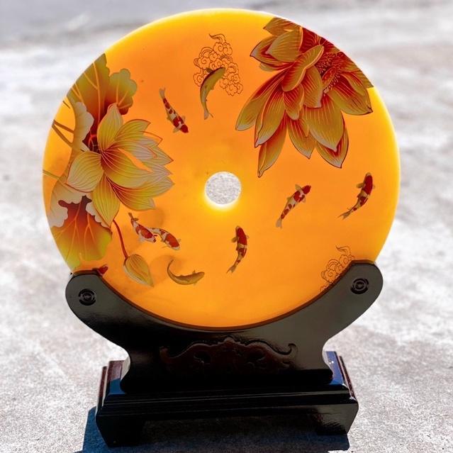 Đồng Điếu CÁ CHÉP LIÊN HOA Đá Ngọc Hoàng Long - Đường Kính 30cm