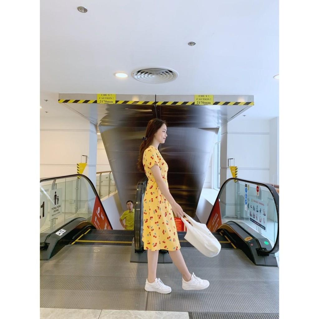 Đầm cổ chéo tà đắp họa tiết trái cây xanh và vàng CHERRY DRESS