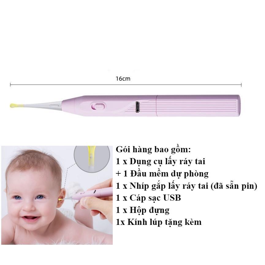 Bộ lấy ráy tai có đèn cao cấp sạc tích điện tiện lợi cho bé an toàn chuyên nghiệp kèm hộp đựng nhíp gắp